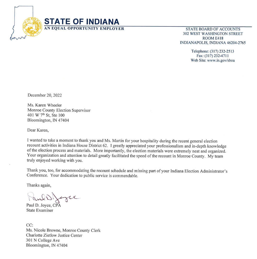 A letter of commendation from SBOA